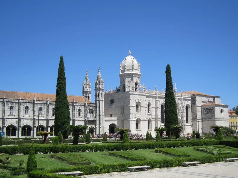 Jerónimos Monastery in Belém with gardens in front