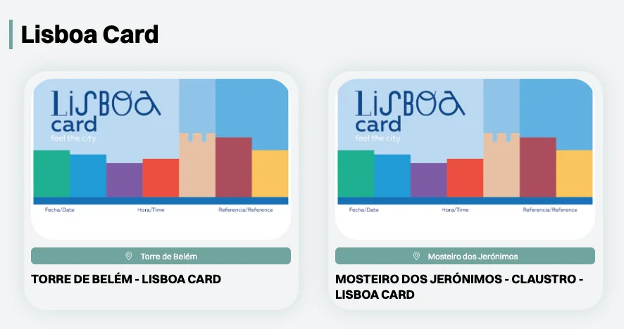 Reservation portal showing the two Lisboa Card options: Torre de Belém and Mosteiro dos Jerónimos